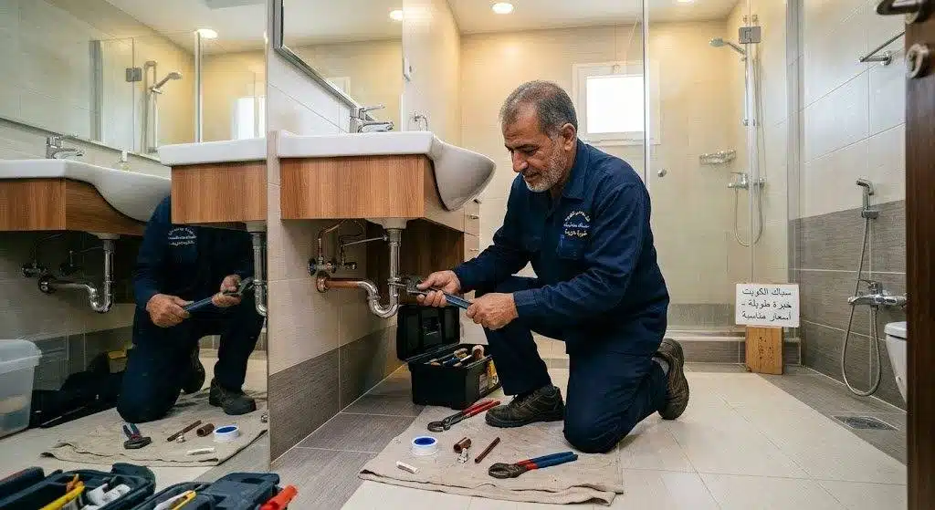 سباك يعمل على شبكة مواسير داخل حمام بالكويت