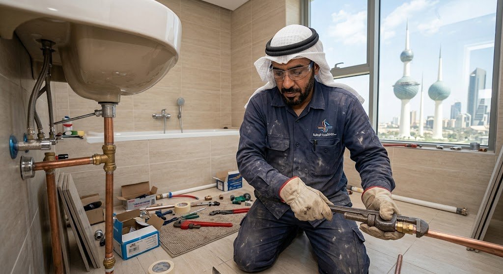 فني صحي محترف يقوم بتأسيس وصيانة شبكات السباكة وتركيب أطقم الحمامات الحديثة بدقة واحترافية داخل فيلا في منطقة المسيلة بالكويت